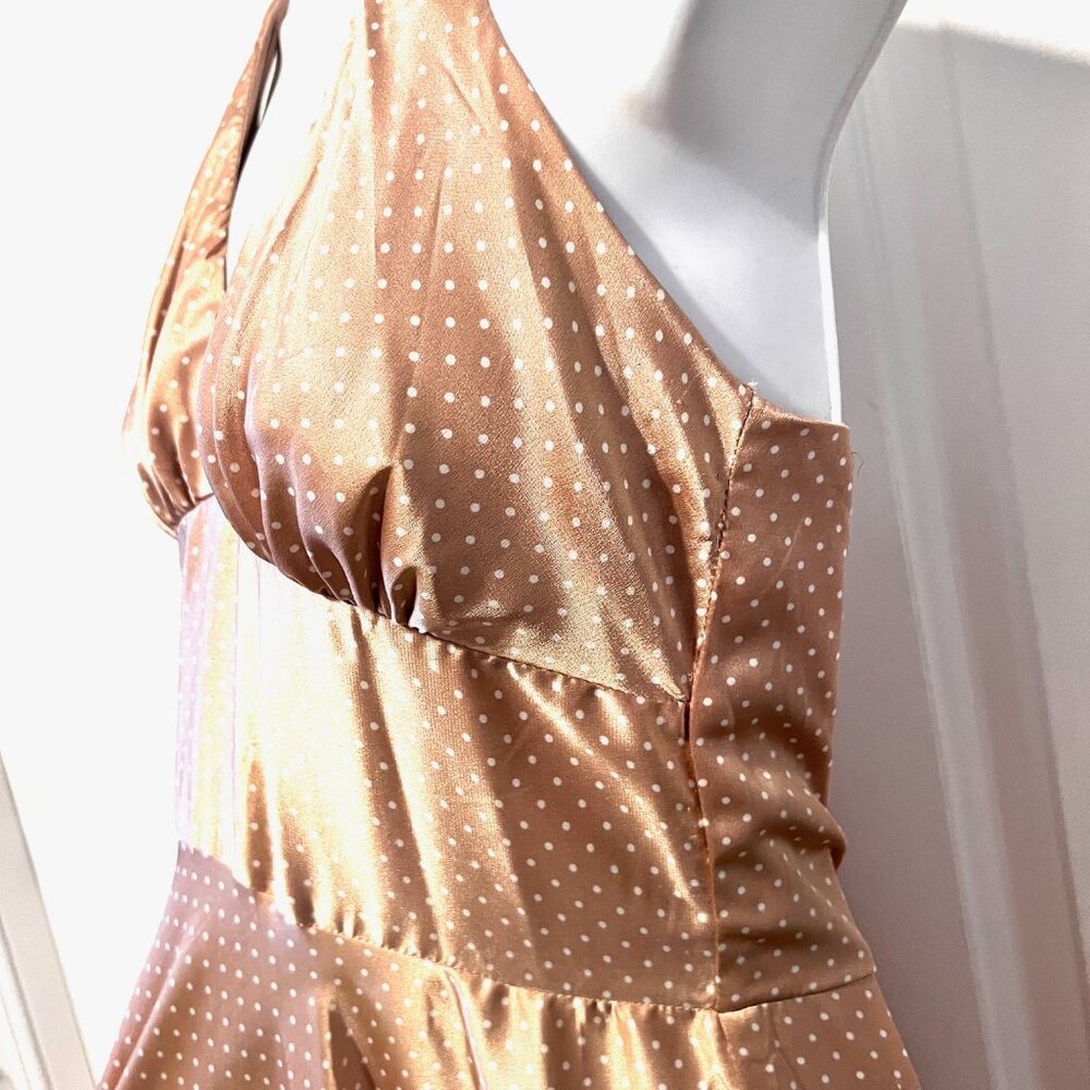 Alyn Paige-Women's Size 5/6 Jrs.-Halter Polka Dot Flowy Satin Feel Dress-Tan/Wh - Picture 4 of 15